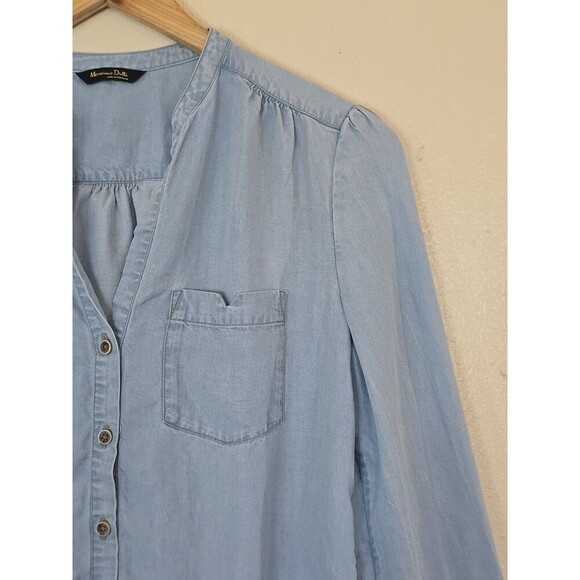 Massimo Dutti Size 4 Blue Soft Denim Button Up Blouse Collarless Chambray - Picture 2 of 12